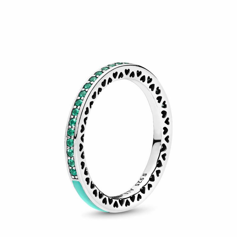 Pandora Radiant Hearts Stackable Ring Ireland - Sterling Silver/Enamel/Green/Crystal - 129567NSM